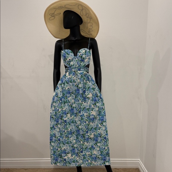 Magda Butrym Blue Floral Bustier Midi Dress 36 Garden Party Hamptons Style NeW